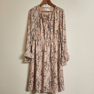 Nordstrom Rack Floral Gathered Tie Long Sleeve Midi Dress Pink Peach Scribble L